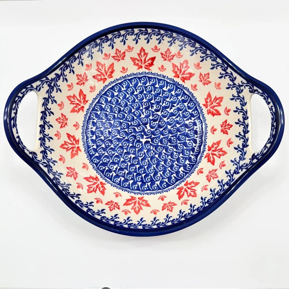 Boleslawiec Zaklady Polish‎ Pottery Red Maple Leaf Bowl Handles 14”, Large RARE
